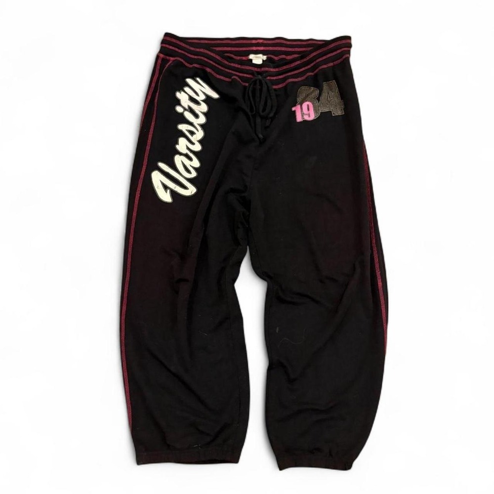 Varsity 1984 Black Pink Stitch Drawstring Cropped Sweatpants Y2K Vintage Womens